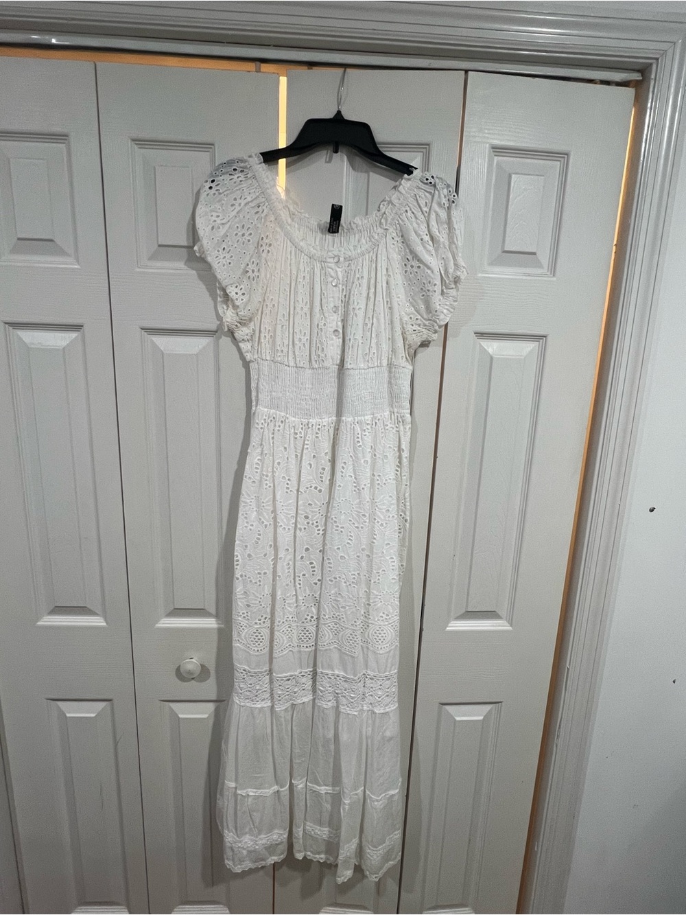 White Eyelet Puff-Sleeve Maxi Dress - Breezy Boho Style